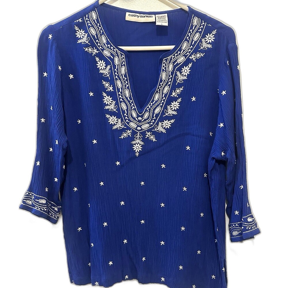 Cathy Daniels Blue Embroidered Boho Tunic Top Women’s Large Rayon